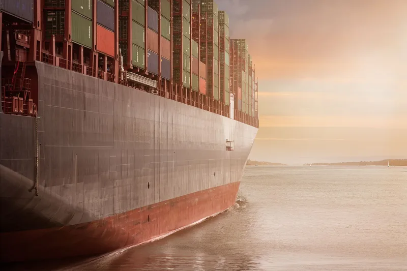 A colossal cargo ship loaded with containers navigates through calm waters against a vibrant sunset sky