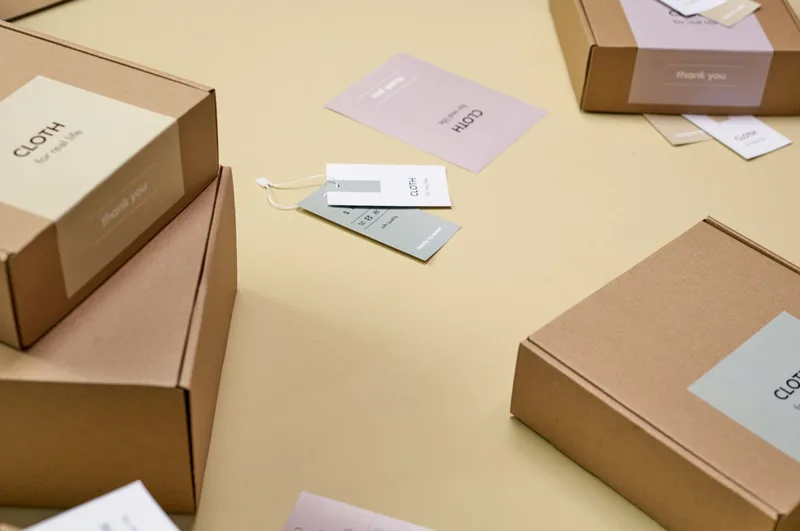 Simple corrugated packaging boxes with printed labels on a flat surface