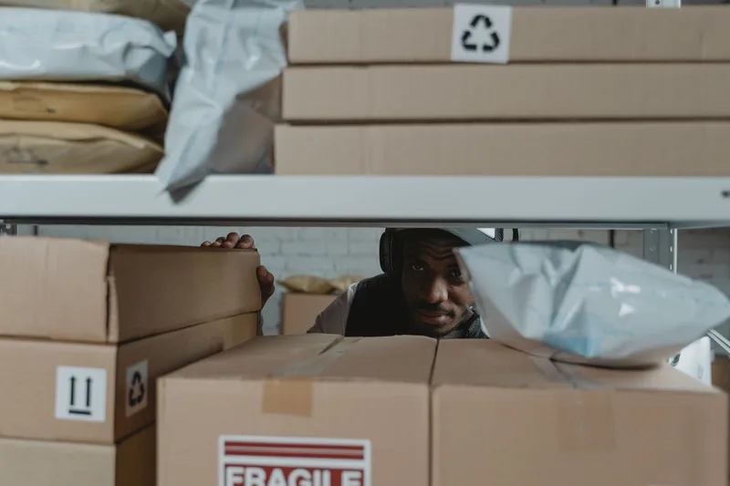 Warehouse worker inspecting packaged boxes on shelves before shipment