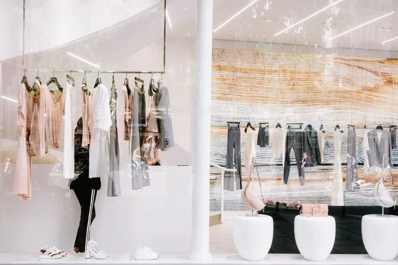 Chic fashion display at a clothing store with stylish reflections