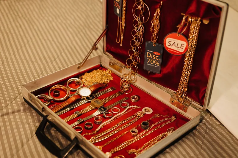 Close-up of a jewelry display case with gold accessories and watches
